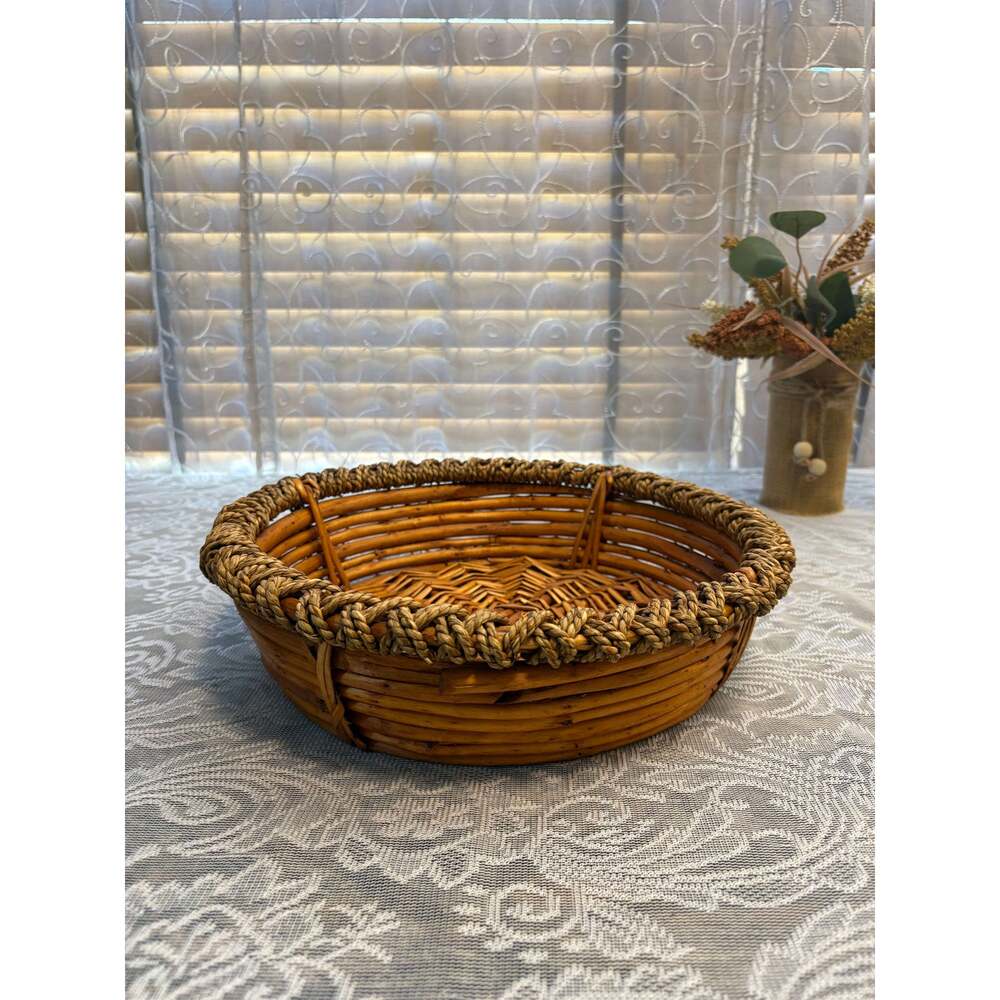 Round Woven Basket with Decorative Rope-Wrapped Rim - Picture 2 of 6